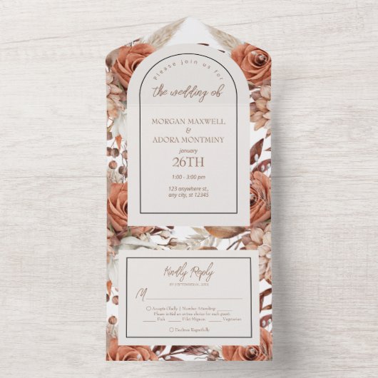 Boho Neutrale Waterverf Pampas Wedding All In One Uitnodiging (Binnen)