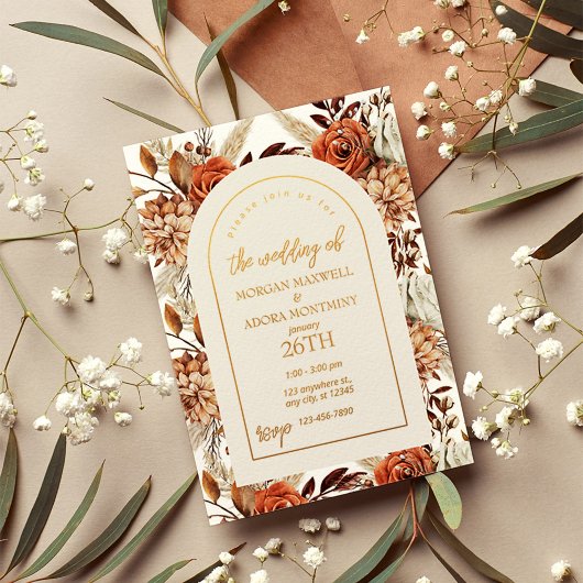 Boho Neutrale Waterverf Pampas Wedding Folie Uitnodiging