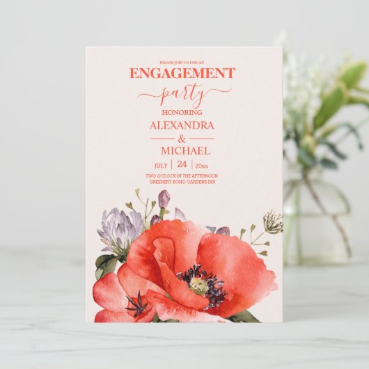 Boho Neutrale Waterverf Poppies Verloving Kaart (Staand voorkant)