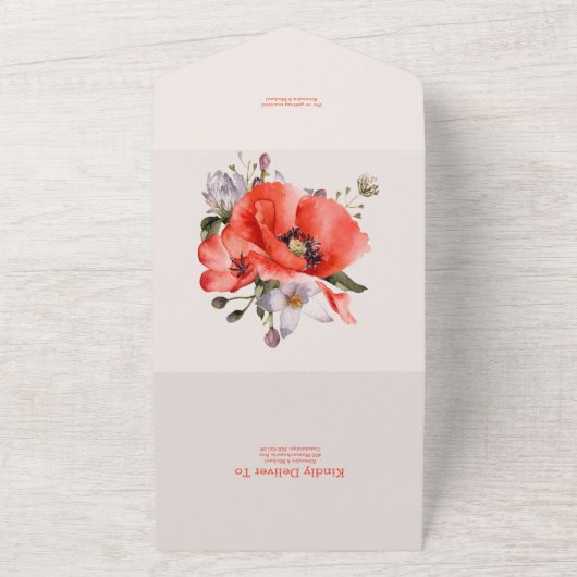 Boho Neutrale Waterverf Poppies Wedding All In One Uitnodiging (Buitenkant)