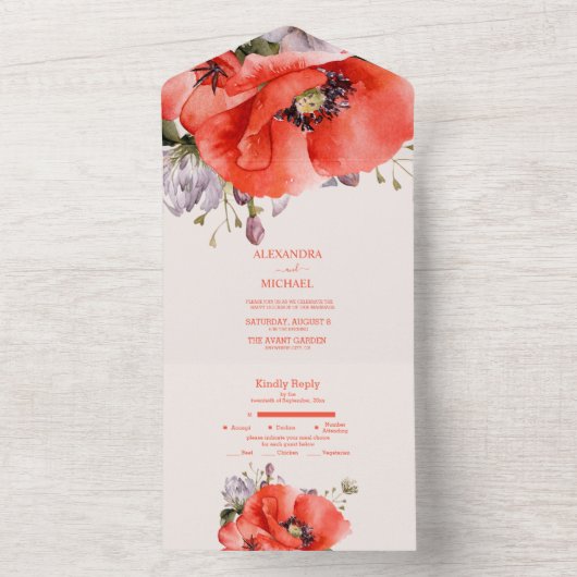 Boho Neutrale Waterverf Poppies Wedding All In One Uitnodiging (Binnen)