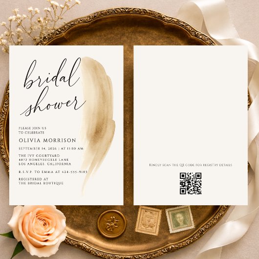 Boho Neutrale Waterverf QR Code Bruidsfeest Kaart