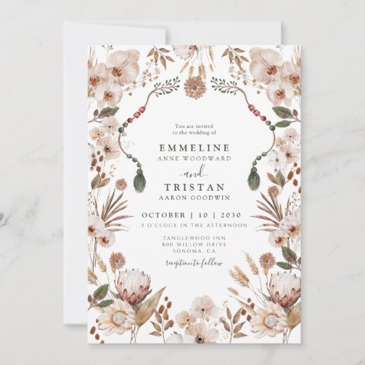 Boho Neutrale Wilde Bloemen Bruiloft Kaart (Voorkant)