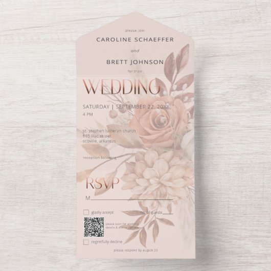 Boho Neutrale Zachte Herfst Boeket Blush QR Code All In One Uitnodiging (Binnen)