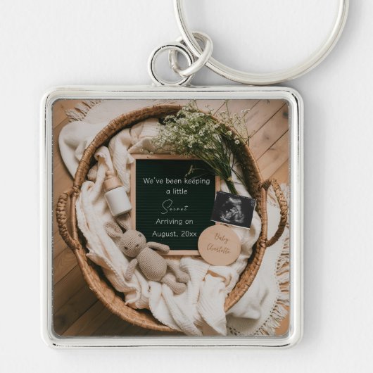 Boho neutrale zwangerschapsaankondiging aandenken sleutelhanger (Voorkant)