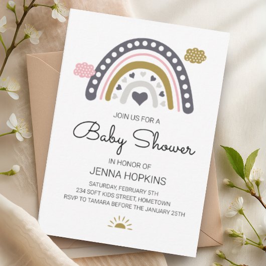 Boho Nordic Rainbow Baby shower Gray Invitation RSVP Kaartje