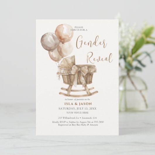 Boho Nursery Beige Ballons Genderonthulling Kaart (Staand voorkant)