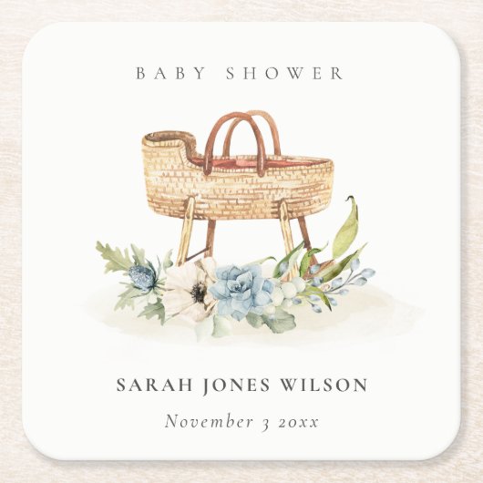 Boho Nursery Blue Floral Bassinet Baby shower Kartonnen Onderzetters (Voorkant)