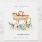 Boho Nursery Blue Floral Bassinet Baby shower Wijn Etiket (Enkel label)