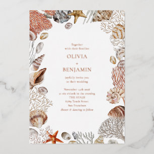 Boho Oceaan Schelpen Koraal Strand Bruiloft Rose G Folie Uitnodiging