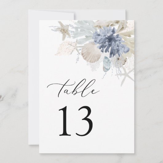 Boho Ocean Beach Koraal Blauw Bruiloft Tafel Numme (Voorkant)