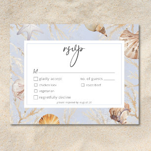 Boho Ocean Dusty Blue On The Beach Trouwdiner RSVP Kaartje