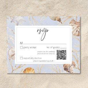 Boho Ocean Dusty Blue On The Beach Wedding QR RSVP Kaartje