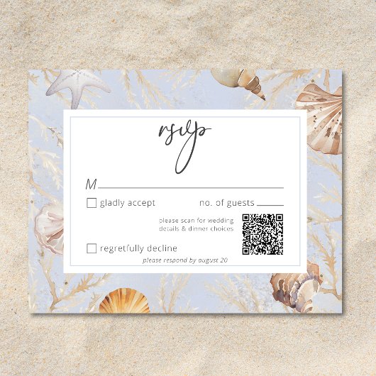 Boho Ocean Dusty Blue On The Beach Wedding QR RSVP Kaartje