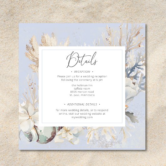 Boho Ocean Dusty Blue op het strand bruiloft Informatiekaartje