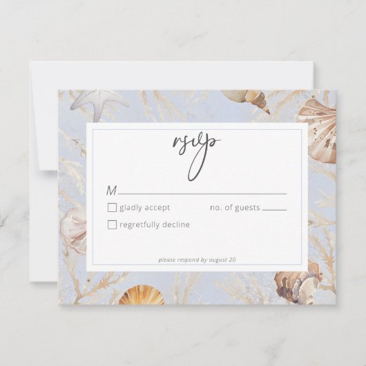 Boho Ocean Dusty Blue op het strand bruiloft RSVP Kaartje (Voorkant)