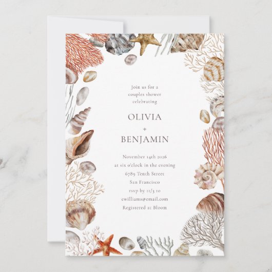 Boho Ocean Seashells Coral Beach Couples Shower Kaart (Voorkant)