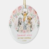 Boho Oerwoud Dieren Roze Floral Baby eerste Kerstm Keramisch Ornament (Rechts)