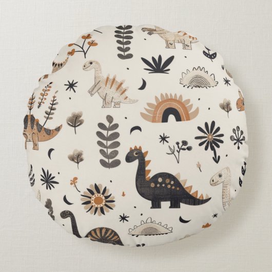 boho-Oerwoud-dinosauruspatroon Rond Kussen (Voorkant)
