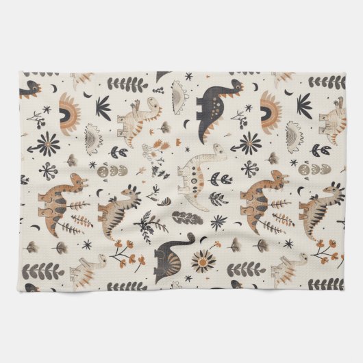boho-Oerwoud-dinosauruspatroon Theedoek (Horizontaal)