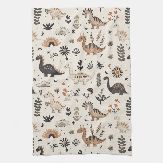 boho-Oerwoud-dinosauruspatroon Theedoek (Verticaal)