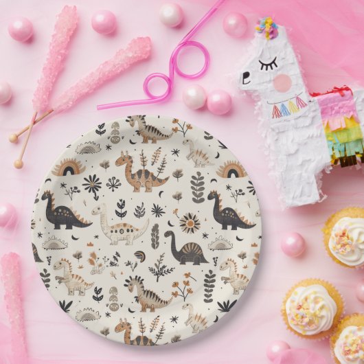 Boho Oerwoud Dinosauruspatroon Verjaardag Papieren Bordje (Feest)