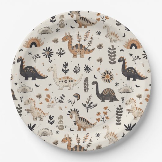 Boho Oerwoud Dinosauruspatroon Verjaardag Papieren Bordje (Voorkant)