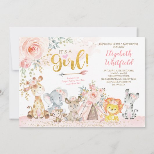 Boho Oerwoud Safari Blush Bloemen Meisje Baby show Kaart (Voorkant)