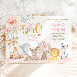 Boho Oerwoud Safari Blush Bloemen Meisje Baby show Kaart