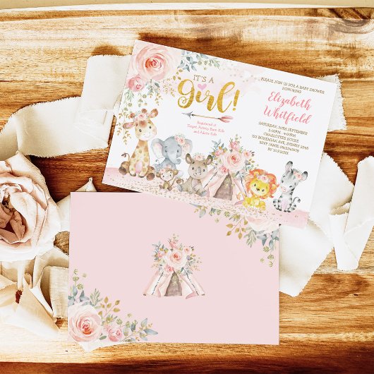 Boho Oerwoud Safari Blush Bloemen Meisje Baby show Kaart