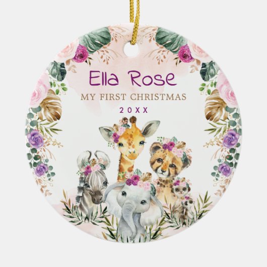 Boho Oerwoud Safari Wilde Dieren Baby eerste Kerst Keramisch Ornament (Voorkant)