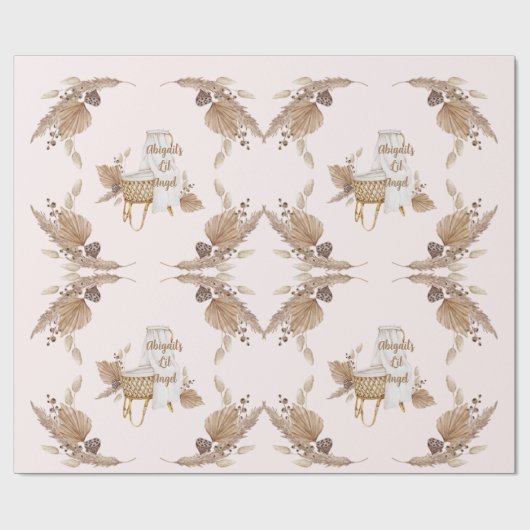 Boho Oh Baby Bruin Roze Bassinet Gepersonaliseerd  Cadeaupapier (Vlak)