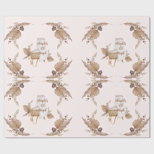 Boho Oh Baby Bruin Roze Bassinet Gepersonaliseerd  Cadeaupapier (Zoom)