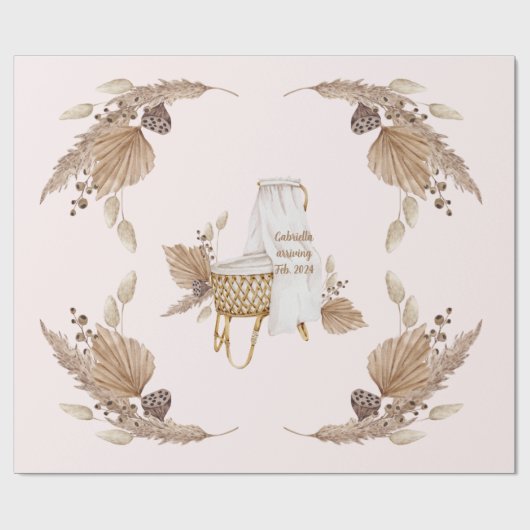 Boho Oh Baby Bruin Roze Naam Aankomst Datum Cadeaupapier (Vlak)