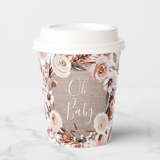 Boho Oh Baby Floral Burlap Paper Cups Papieren Bekers (Voorkant)