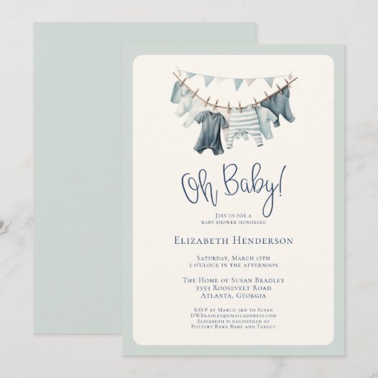 Boho Oh Baby Jongen Kleding Clothesline Baby showe Kaart (Voorkant / Achterkant)