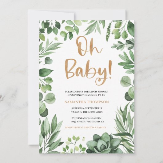 Boho Oh Baby shower Uitnodiging, Succulent Invite Kaart (Voorkant)
