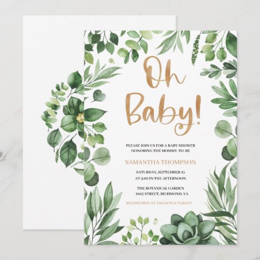 Boho Oh Baby shower Uitnodiging, Succulent Invite Kaart (Voorkant / Achterkant)