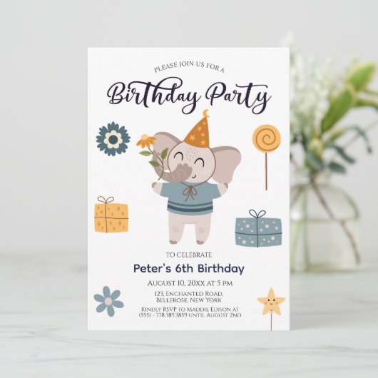 Boho olifant 6e verjaardag kaart (Staand voorkant)
