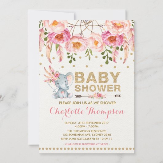 Boho Olifant Baby Shower Uitnodiging Roze Goud (Voorkant)