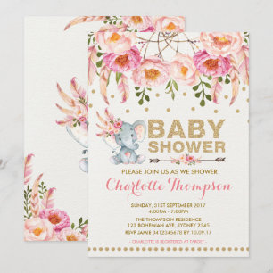 Boho Olifant Baby Shower Uitnodiging Roze Goud