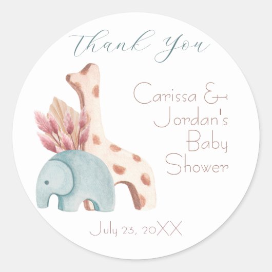 Boho Olifant Giraffe Speelgoed Dank u Baby shower Ronde Sticker (Voorkant)