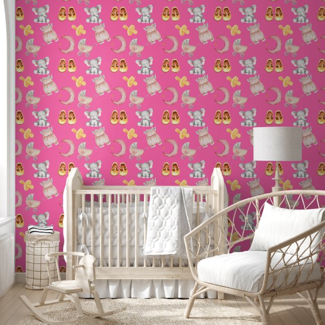 Boho Olifant Maan Buggy Helder Roze Meisje Kinderk Behang (Kinderen)