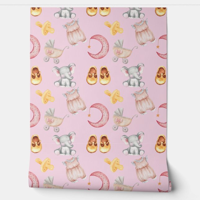 Boho olifant maan buggy licht roze meisje kinderka behang (Afrollen)