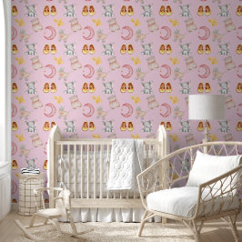 Boho olifant maan buggy licht roze meisje kinderka behang
