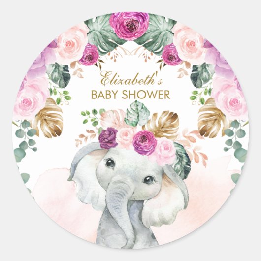 Boho Olifant Tropische Blush Paarse Bloemen Meisje Ronde Sticker (Voorkant)