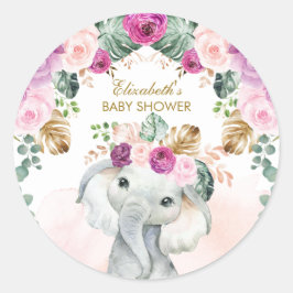 Boho Olifant Tropische Blush Paarse Bloemen Meisje Ronde Sticker