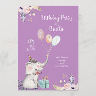 Boho-olifant verjaardagsfeestje + leeftijd/kleur w kaart