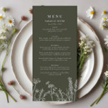 Boho Olijf Groen Wildbloem Bruiloft Flat Menu<br><div class="desc">Verhoog uw huwelijksreceptie met onze Boho Olive Green Wildflower Wedding Flat Menu. Ontworpen met het moderne Boheemse paar in het achterhoofd, dit prachtige menu beschikt over een delicate wilde bloem motief geplaatst tegen een serene olijfgroene achtergrond. Perfect voor het toevoegen van een vleugje rustieke elegantie aan uw tafelinstellingen, deze platte...</div>