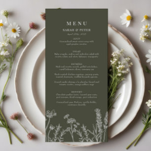 Boho Olijf Groen Wildbloem Bruiloft Flat Menu